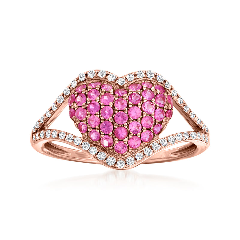Heart-shaped pink sapphire and diamond halo ring, rose gold with split band detail