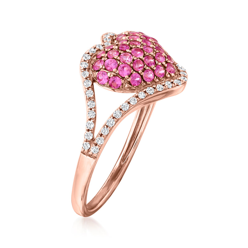 Rose gold heart ring with pink sapphires and diamond accents