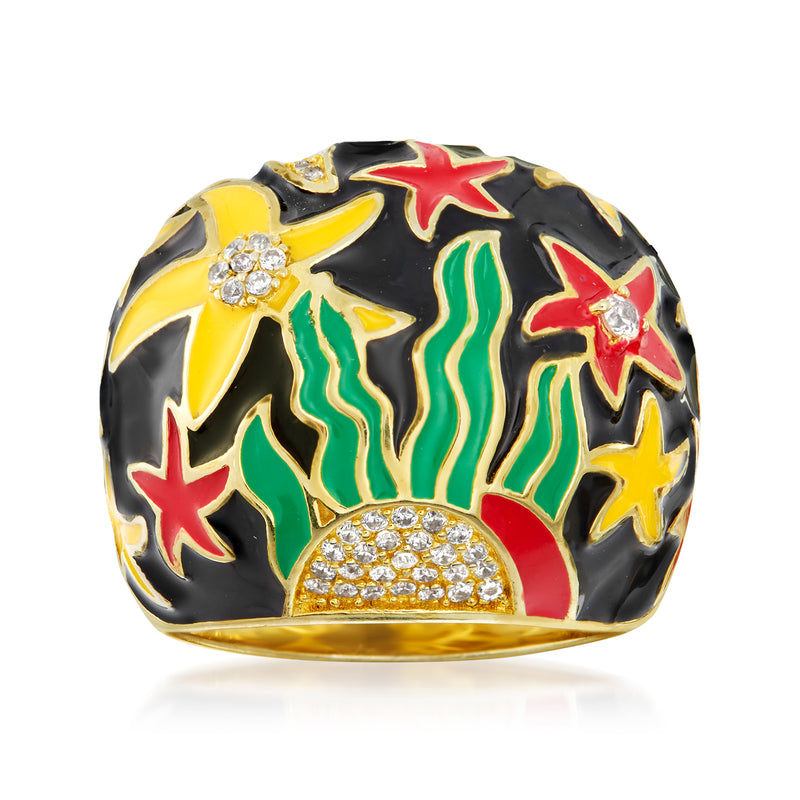 Multicolored enamel starfish ring with clear stone accents on 18kt gold band