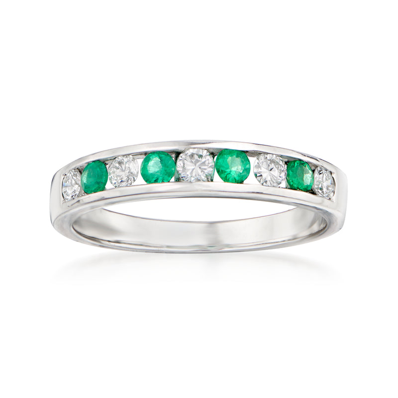 18kt white gold diamond and emerald channel-set band ring with green gemstones and clear stones
