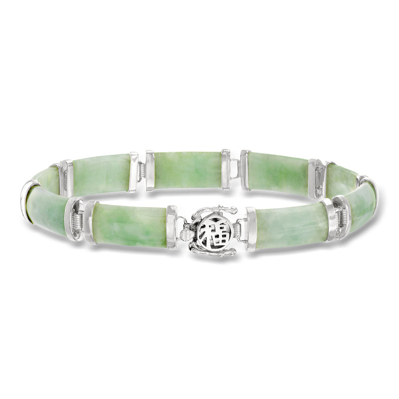 Jade green bracelet with sterling silver clasp and round fortune charm