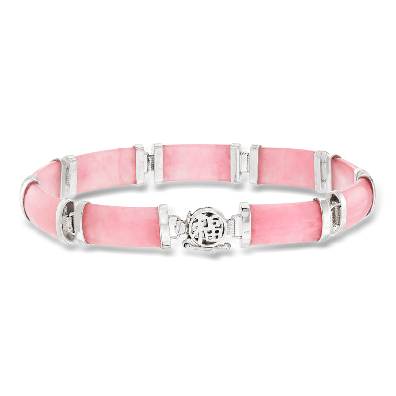 Sterling silver bracelet with pink jade insets and round lucky charm center