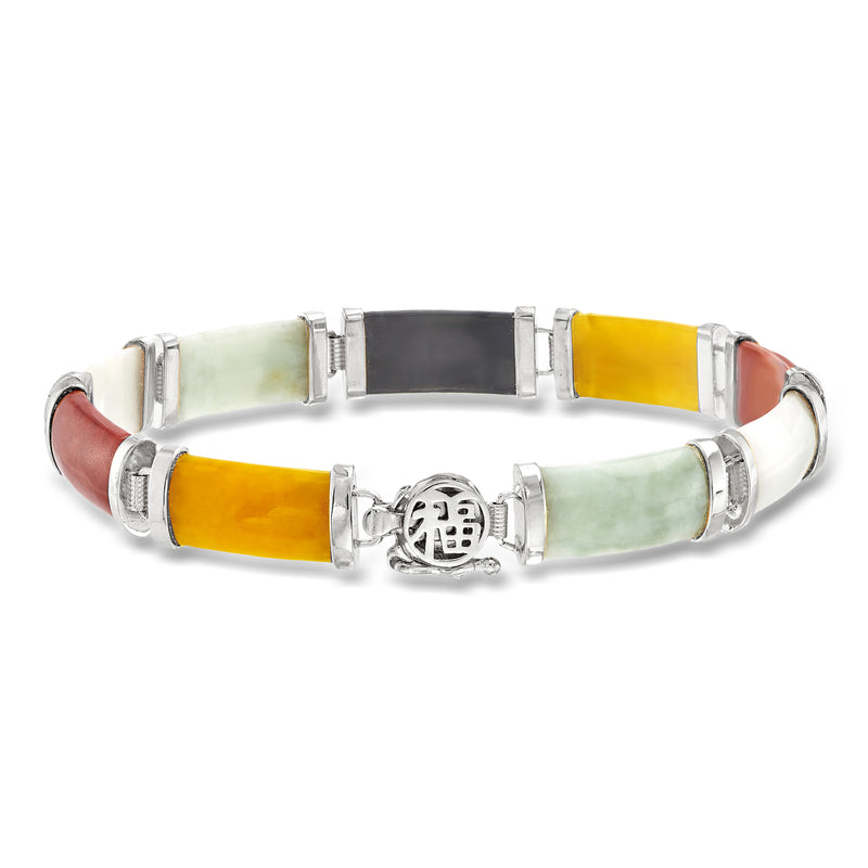 Sterling silver jade bracelet with multicolor rectangular inlays and hinged clasp