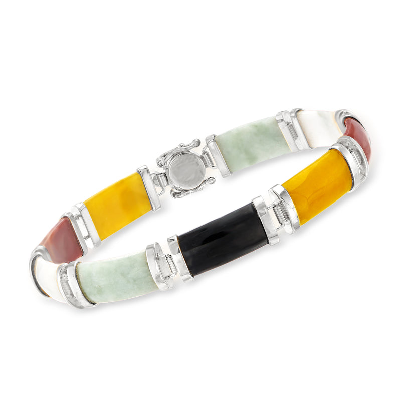 Sterling silver jade bracelet with yellow, green, and black inlaid links and charm