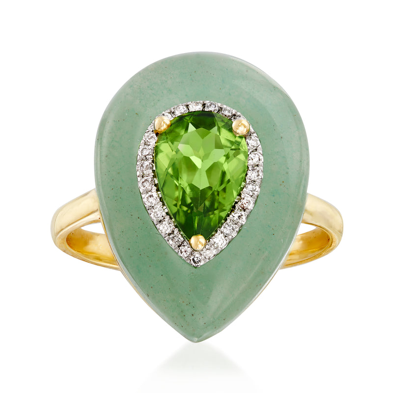 14kt yellow gold ring with teardrop green peridot gemstone and diamond halo
