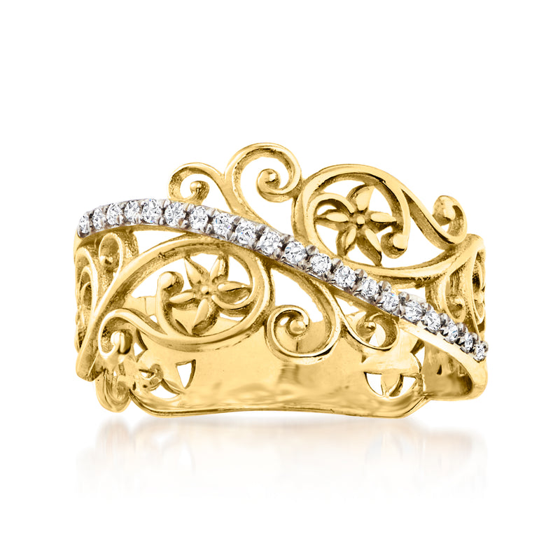 14kt yellow gold diamond openwork floral ring