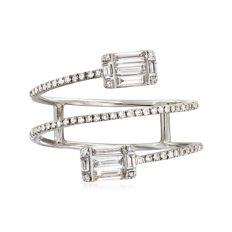White gold diamond wrap ring with baguette and round stones