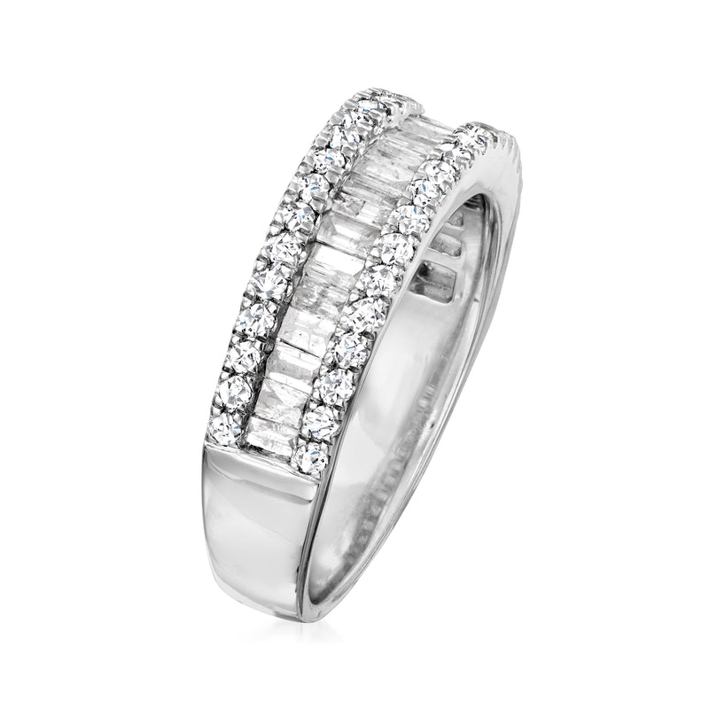 Sterling silver diamond ring side view with baguette and round stones