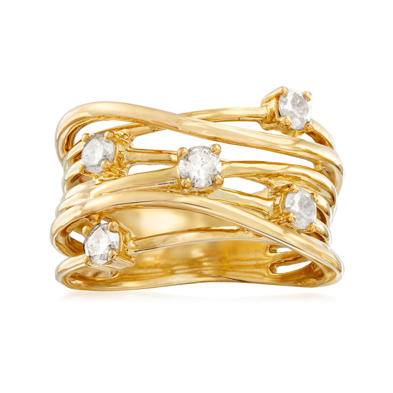 Gold over sterling diamond highway ring with five round stones, crisscross band