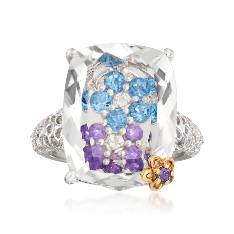 Multi-gemstone flower ring in sterling silver with blue and purple stones, gold accent.