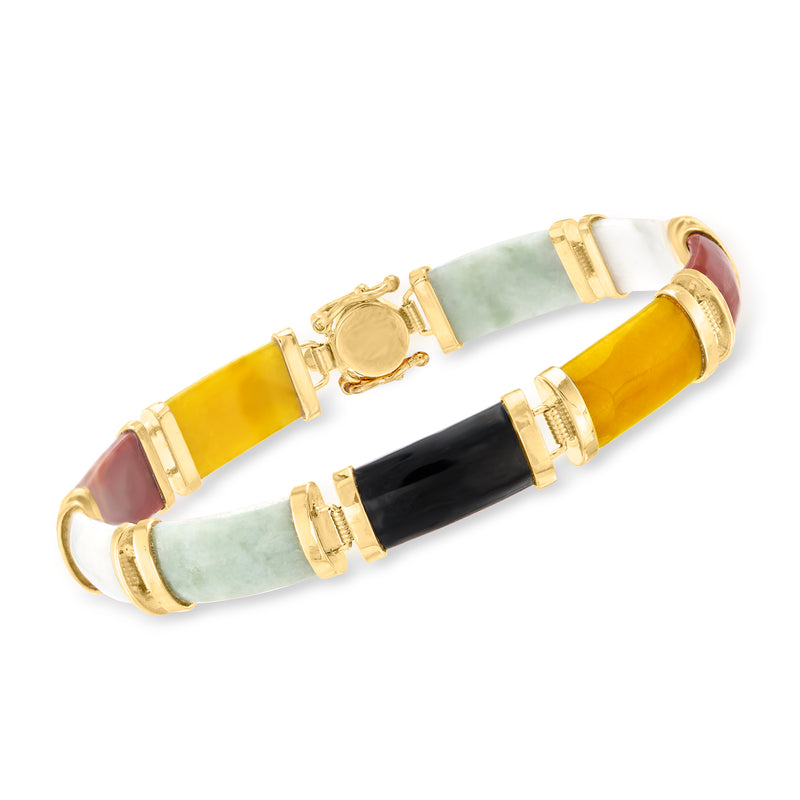 Multicolored jade bracelet with yellow, green and black stone bars, gold clasp, fortune charm