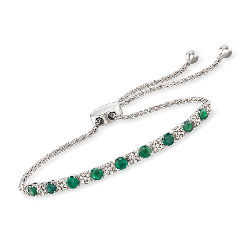 Sterling silver bolo bracelet with green emerald stones and diamond accents
