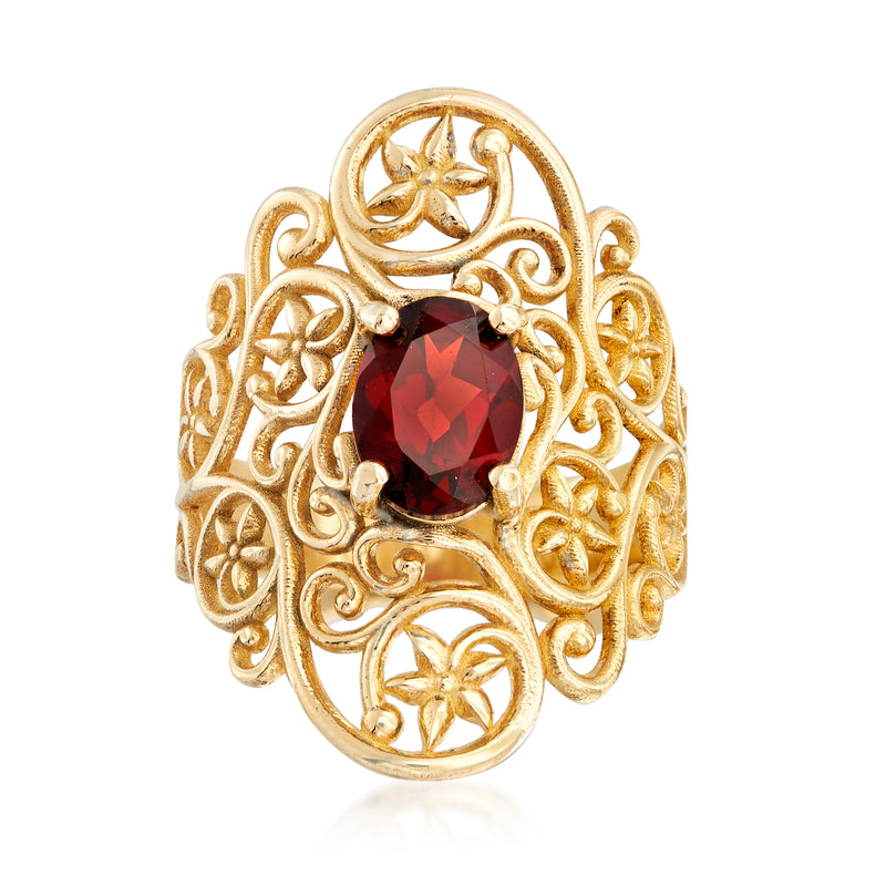 14kt yellow gold garnet vine ring with oval red gemstone and floral filigree