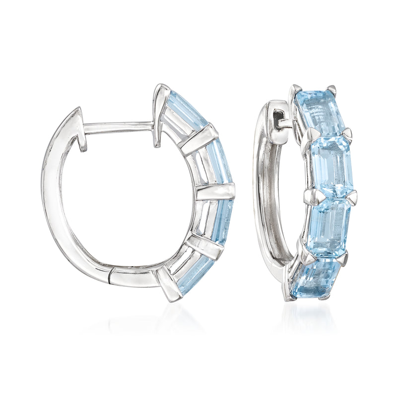 Sterling silver hoop earrings with light blue aquamarine baguette stones