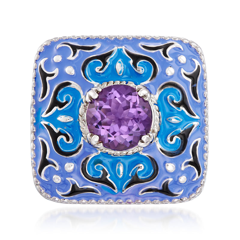 Amethyst cocktail ring with oval purple stone, sterling silver setting and blue enamel scrollwork