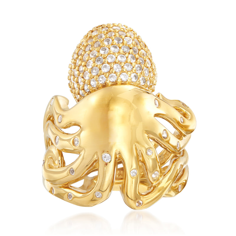 Octopus cocktail ring in gold-tone with dome top and round clear stones