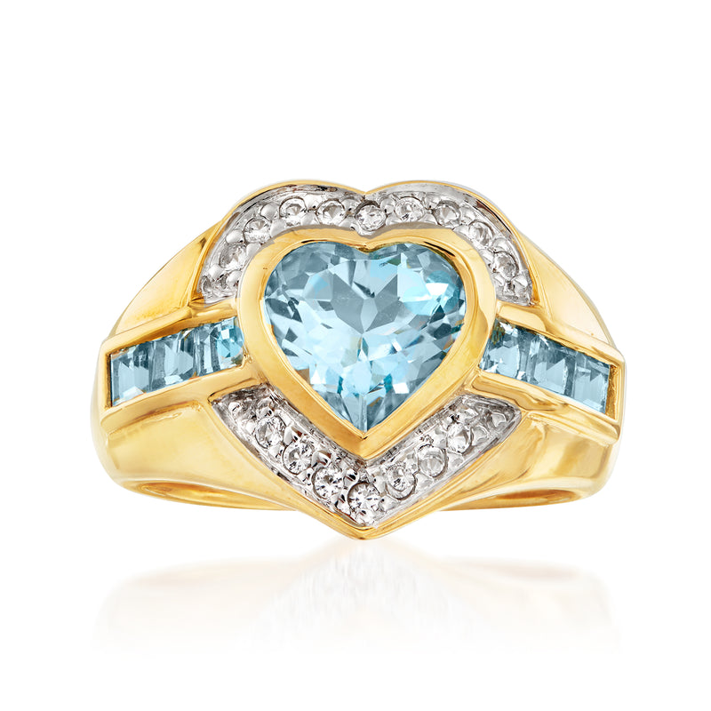 Heart-shaped light blue topaz ring with gold-over-sterling frame and white diamond accents