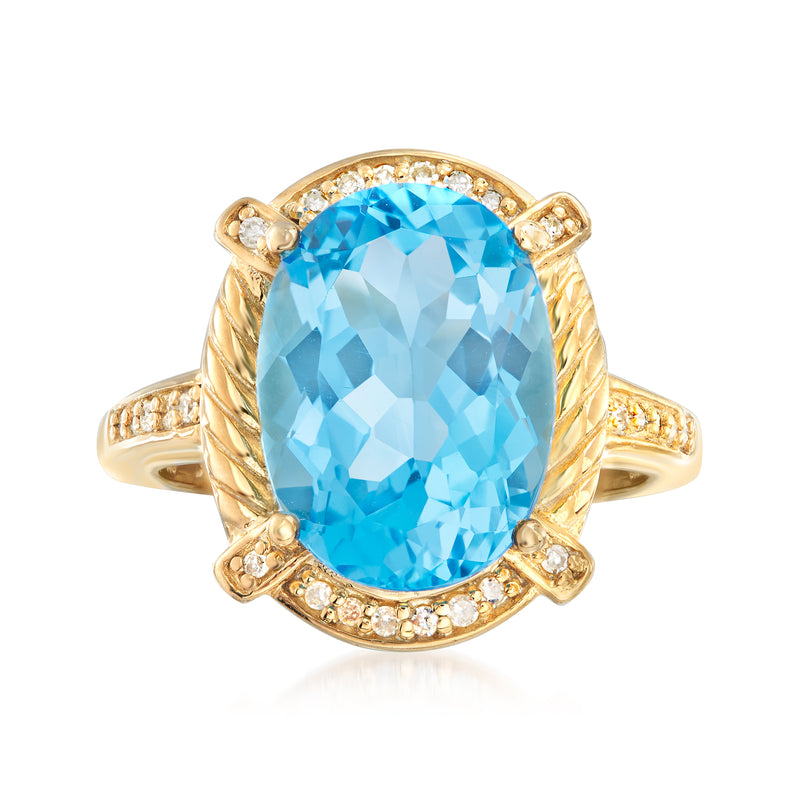 Oval Swiss blue topaz ring with diamond halo and twisted 18k gold over sterling band