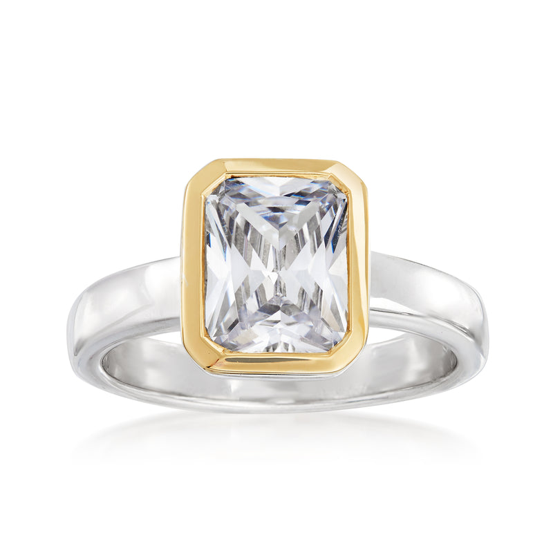 Square-cut CZ ring with yellow gold bezel and sterling silver band, clear stone
