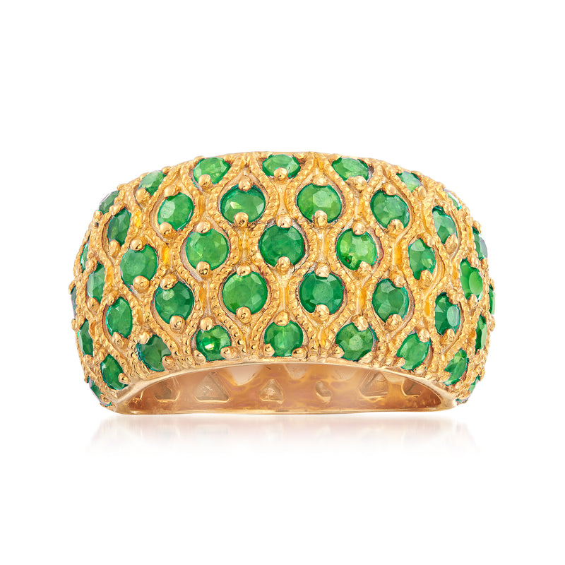 Emerald green gemstone multi-row ring in gold-tone setting, oval dome design.