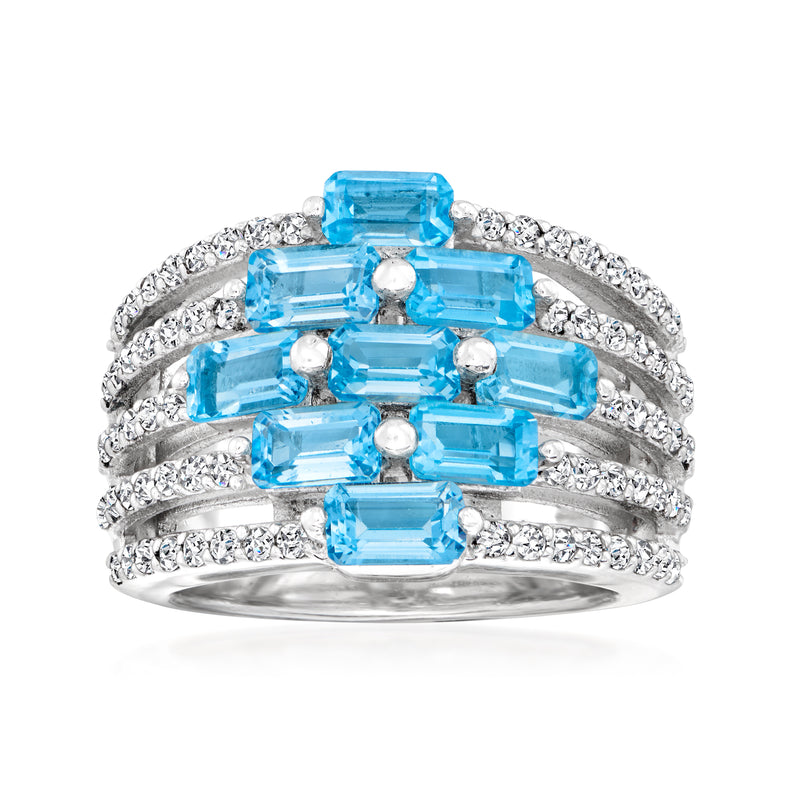 Sterling silver five-row ring with blue topaz and white diamond accents, baguette cuts