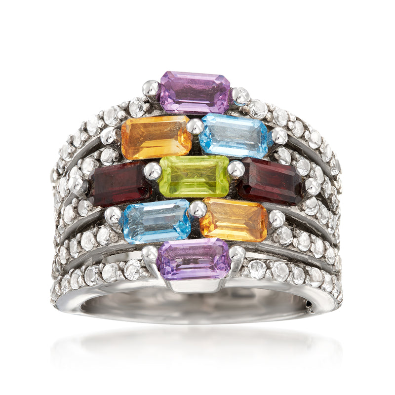 Sterling silver multi-gemstone station ring with multi-color baguette stones