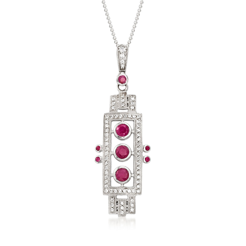 Sterling silver art deco pendant necklace with red oval ruby-style stones