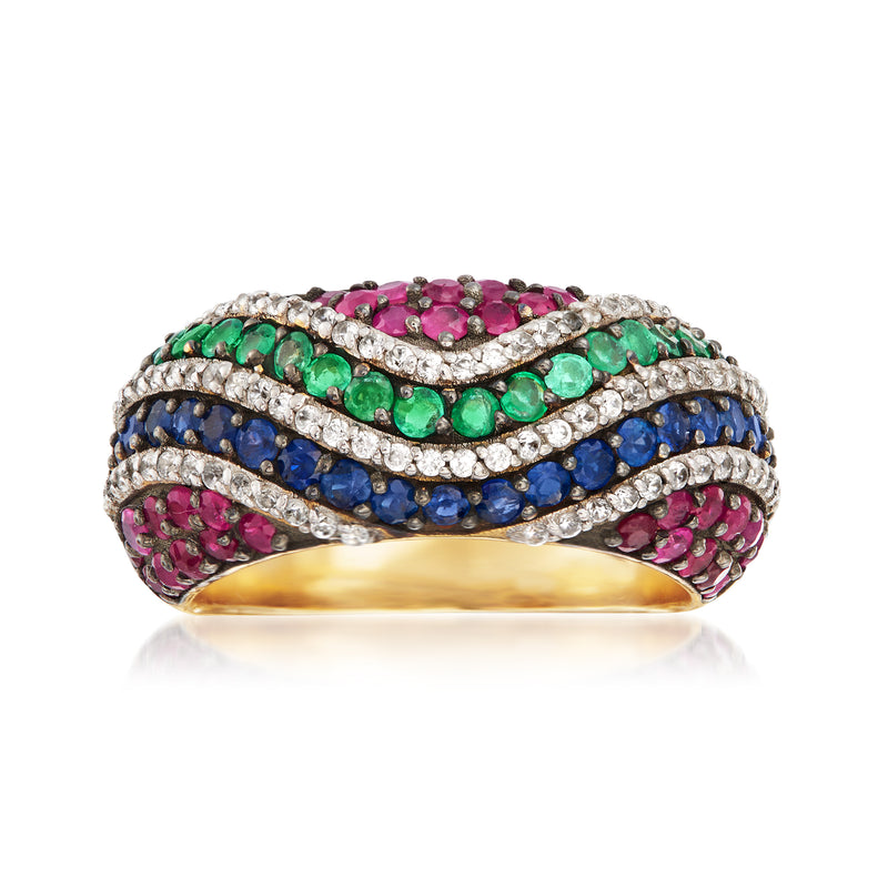 Gold-tone wave ring with multicolor gem bands: green, blue, pink, and clear stones