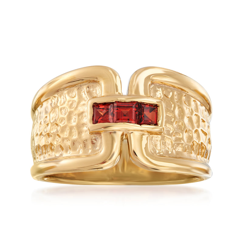 Gold over sterling garnet ring, hammered band, square red center stone