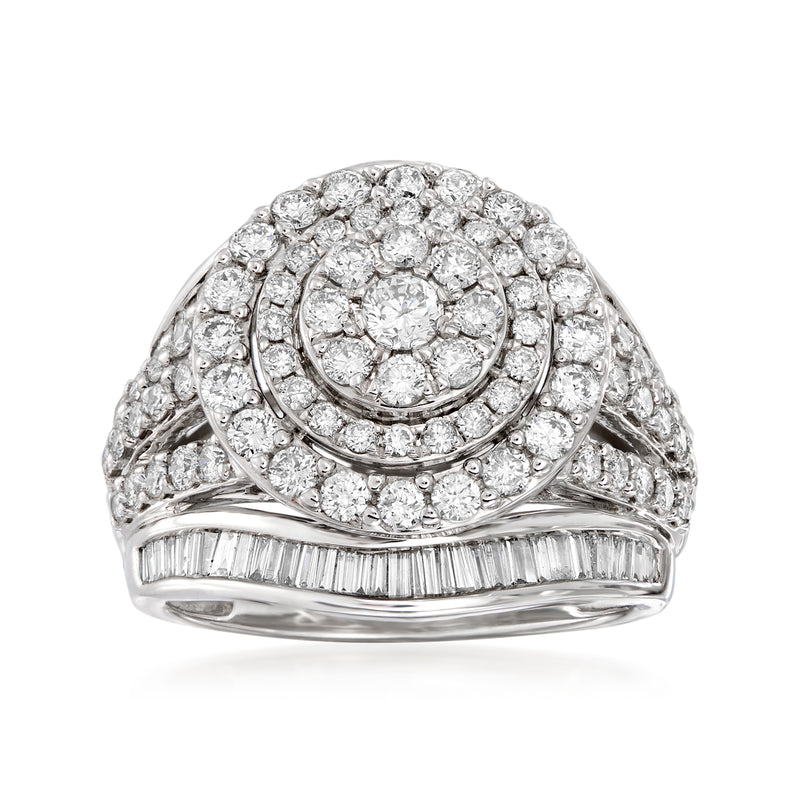 14kt white gold diamond double-circle ring with round center and pave halos
