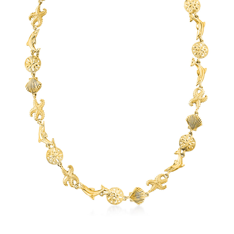 Sea life link necklace in gold over sterling silver with seashell and wave charms