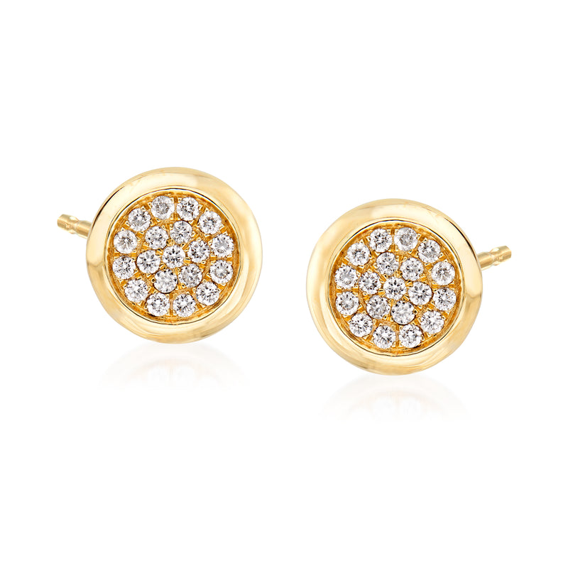 14kt yellow gold pave diamond circle stud earrings, round bezel with post backs