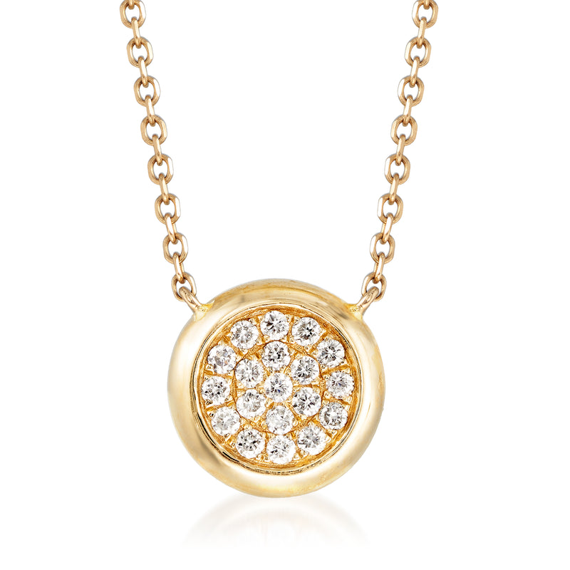 14kt yellow gold diamond circle necklace, round pave diamond pendant on chain