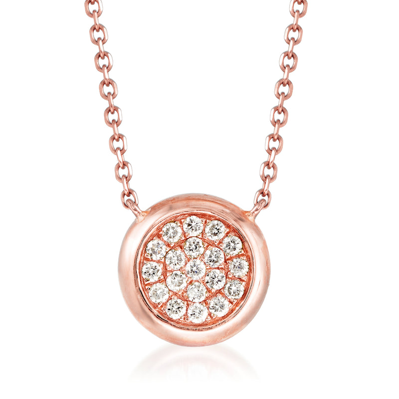 14kt rose gold diamond circle necklace with round pave pendant