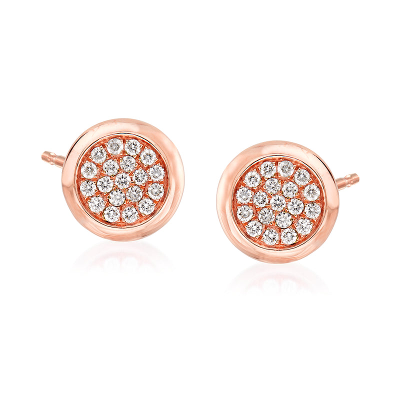 14kt rose gold round pave diamond stud earrings with post backs, clustered sparkle