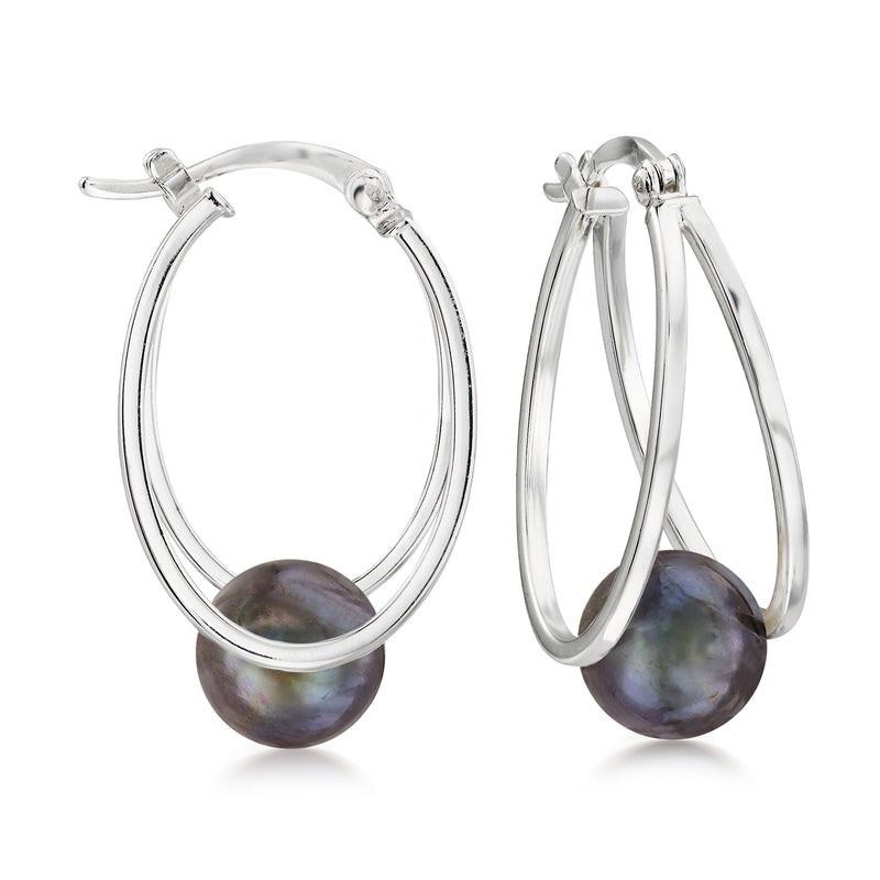 Sterling silver double-hoop earrings with dark cultured pearl drops