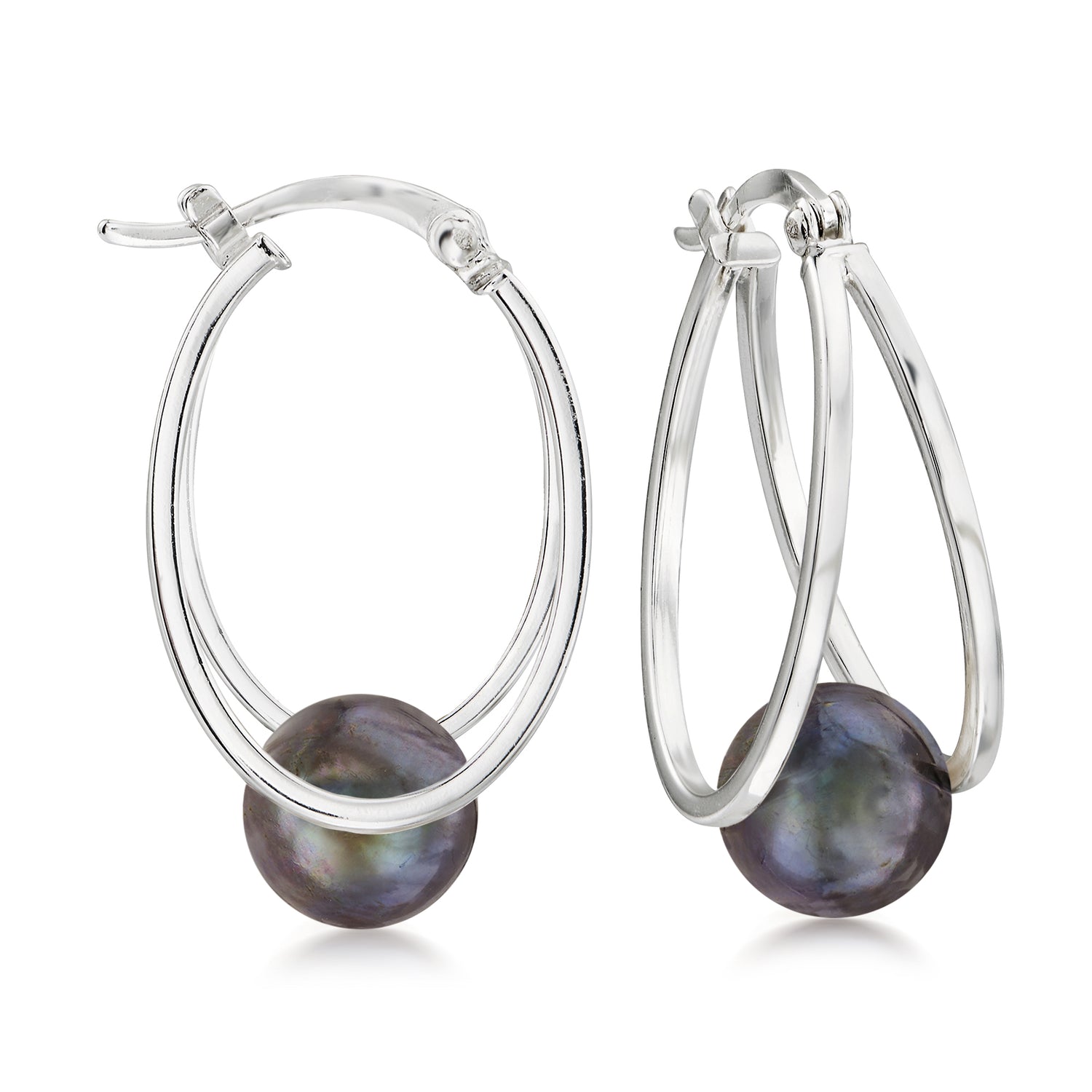 8-9mm Black Cultured Pearl Double-Hoop Earrings in Sterling Silver