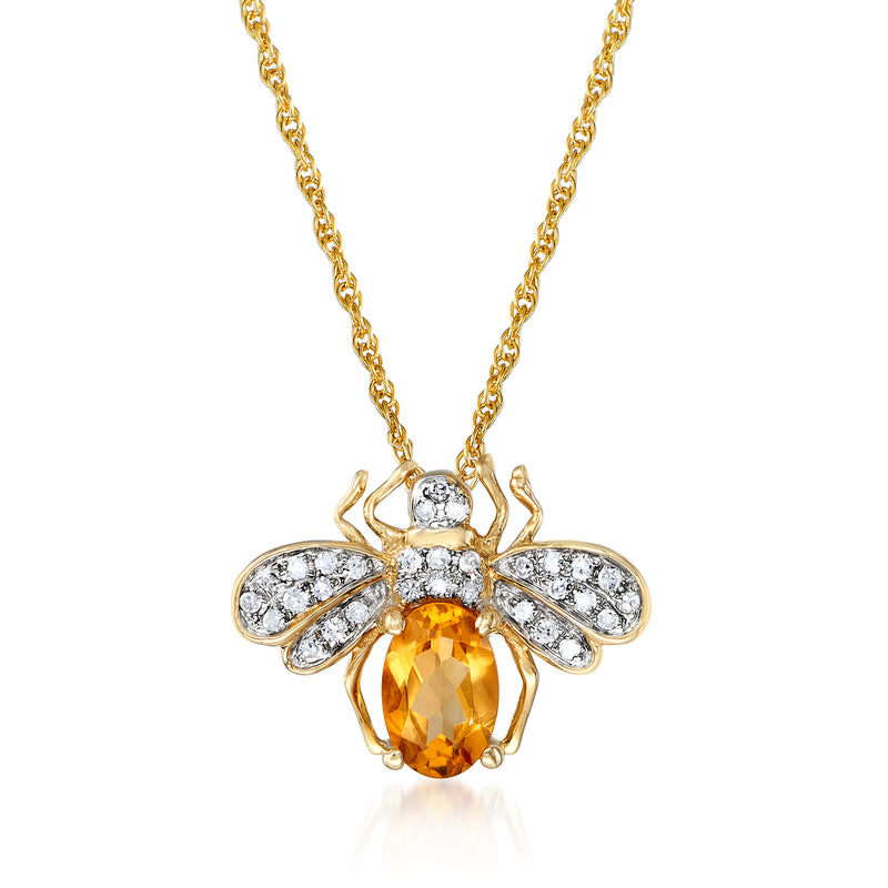 14k yellow gold bee pendant necklace with oval citrine and diamond accents