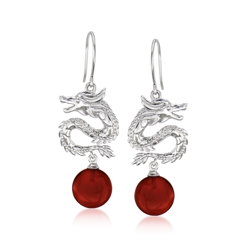 Sterling silver dragon drop earrings with red agate teardrop on hoop earwires