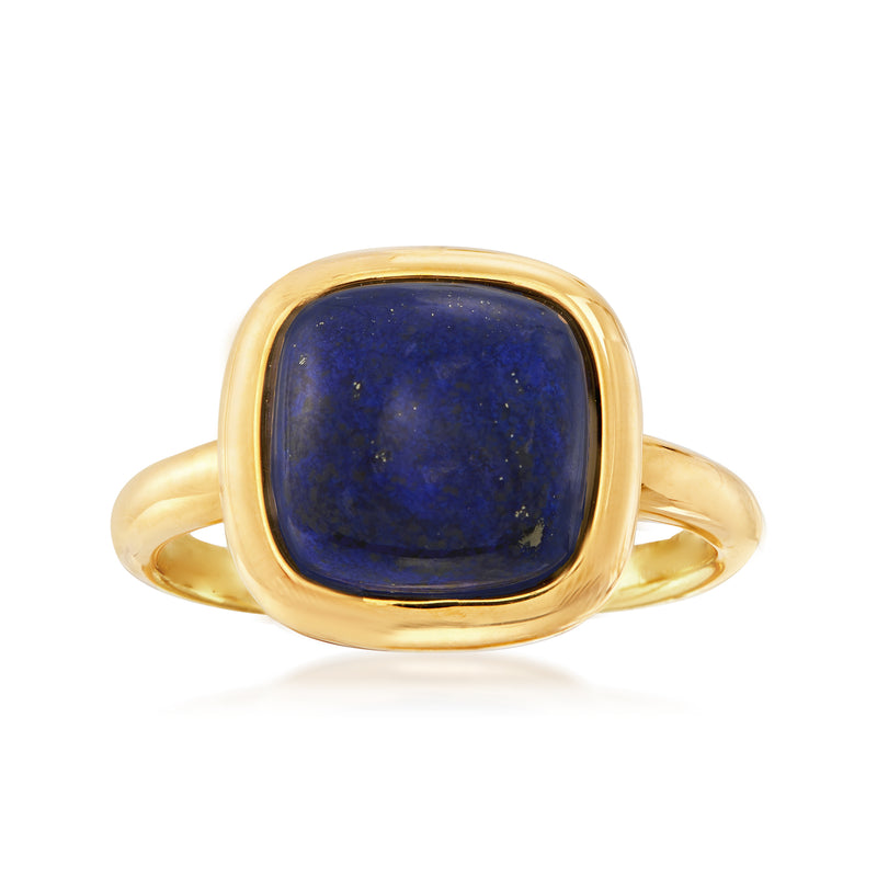 Gold-tone square ring with dark blue lapis cabochon in a rounded bezel setting