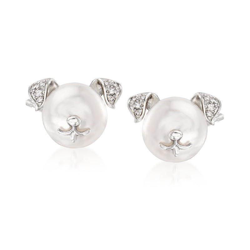 Sterling silver dog stud earrings with cultured pearl faces and diamond accents, posts