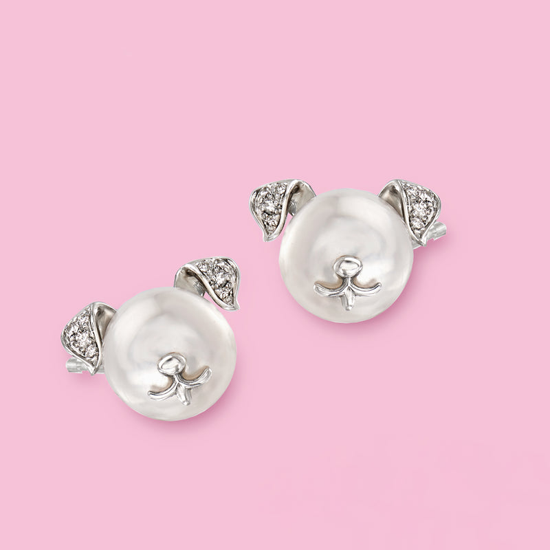 Cultured pearl dog stud earrings in sterling silver with diamond halo, post backs