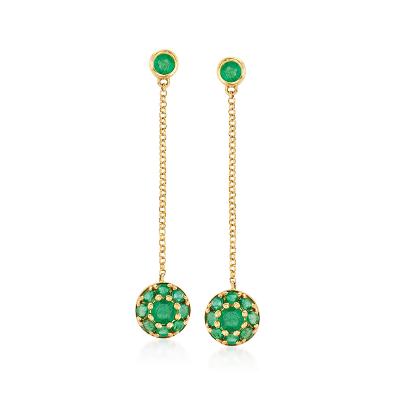 Round green emerald floral drop earrings in 14kt yellow gold