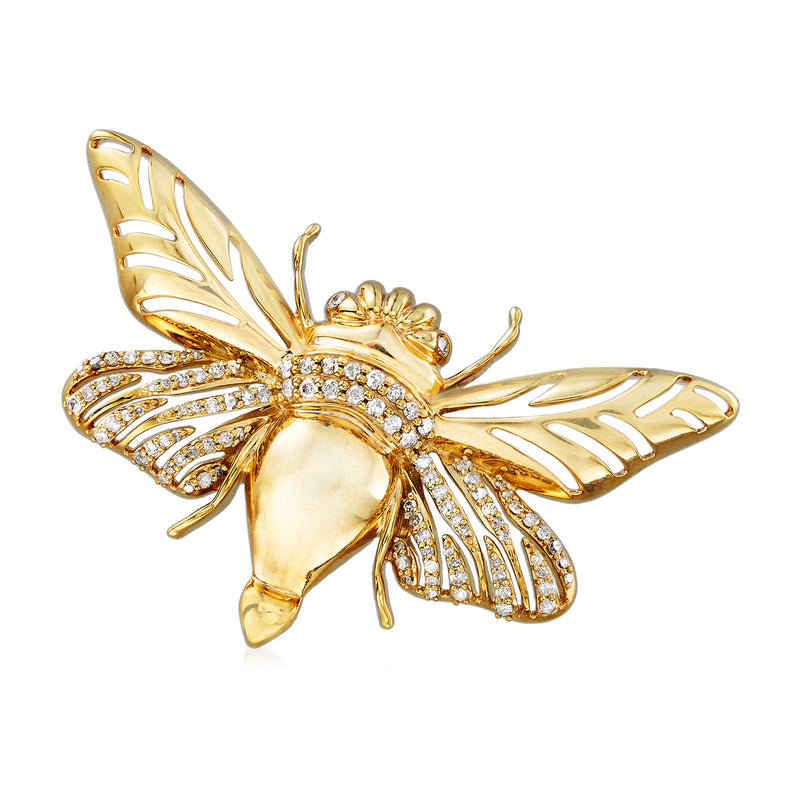 Gold-tone diamond-studded bumblebee pin with sparkling wings, teardrop body