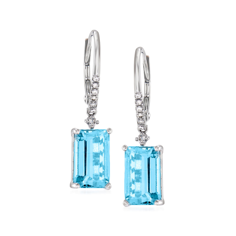14kt white gold leverback drop earrings with square aquamarine and diamond accents