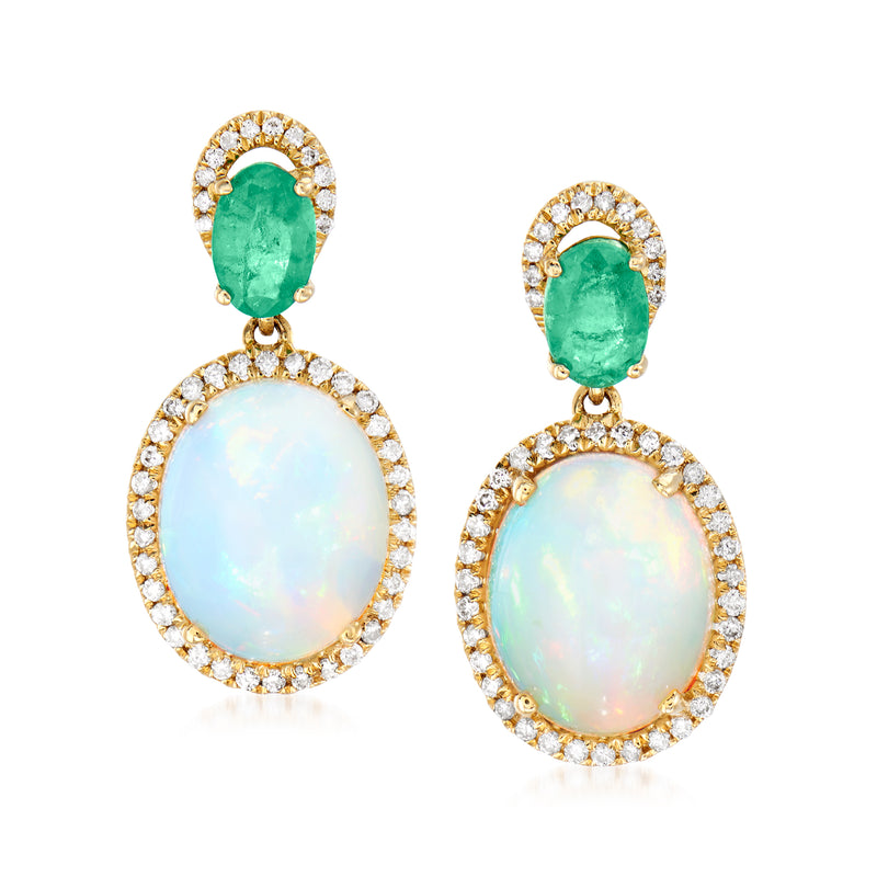 Yellow gold drop earrings with green stone and oval opal, framed by diamond halos