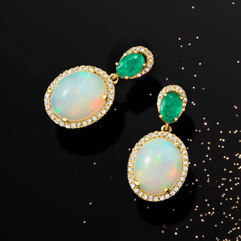 Yellow gold drop earrings with oval opal and green gemstone, diamond halo settings