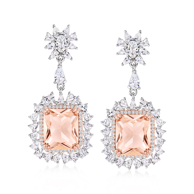 Sterling silver drop earrings with peach crystal square and CZ halos