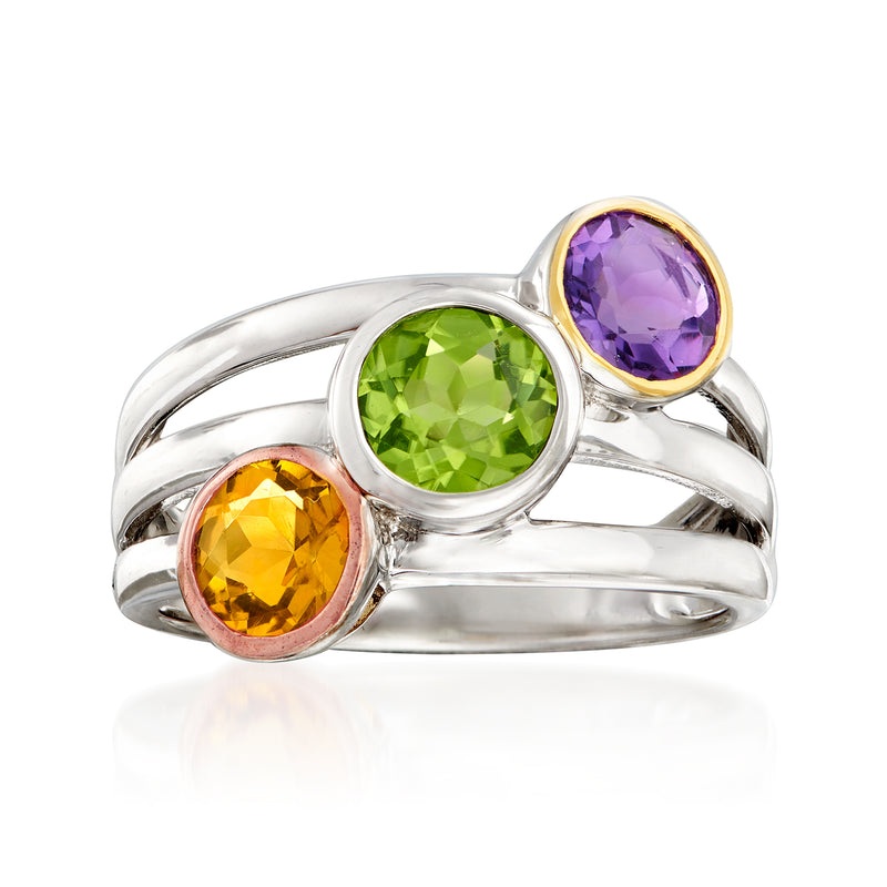 Tri-colored sterling silver ring with oval green, yellow, and purple gemstones