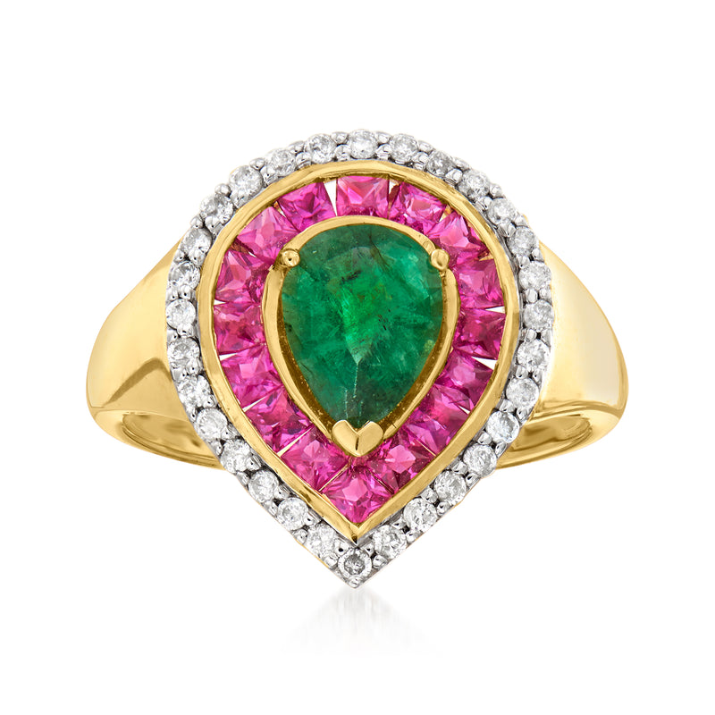 14k yellow gold ring with green emerald pear center, pink ruby halo, and diamond border